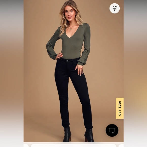 Kaylene Olive Green V-Neck Balloon Sleeve Bodysuit Size Large - Picture 3 of 6